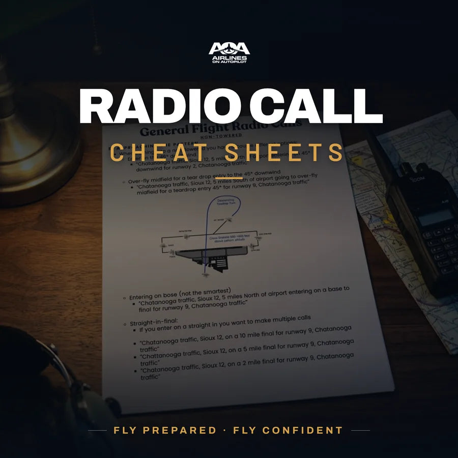 Radio Call Cheat Sheets: a VFR radio call page on a desk beside a handheld radio and a sectional chart