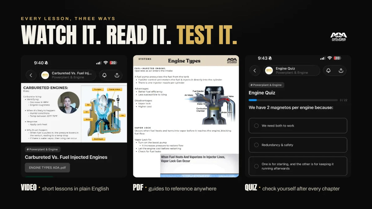 Every lesson three ways: watch it, read it, test it. A short video lesson on carbureted and fuel-injected engines, the Engine Types PDF guide, and the Engine Quiz on a phone.
